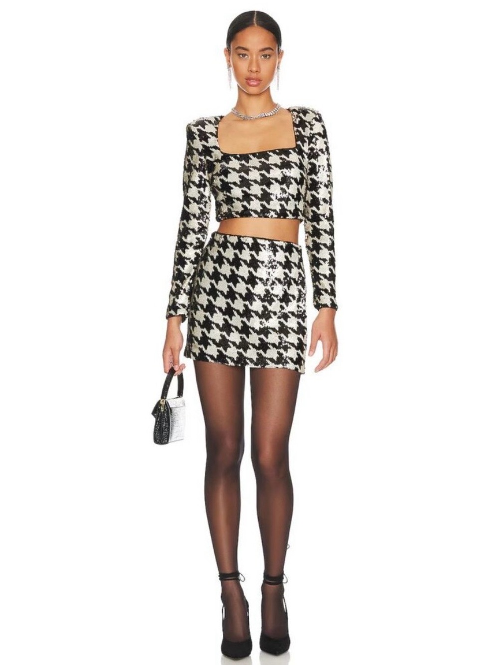 🌟NWT Astr the Label Derby Houndstooth Sequin Mini Skirt and Top- Black & White